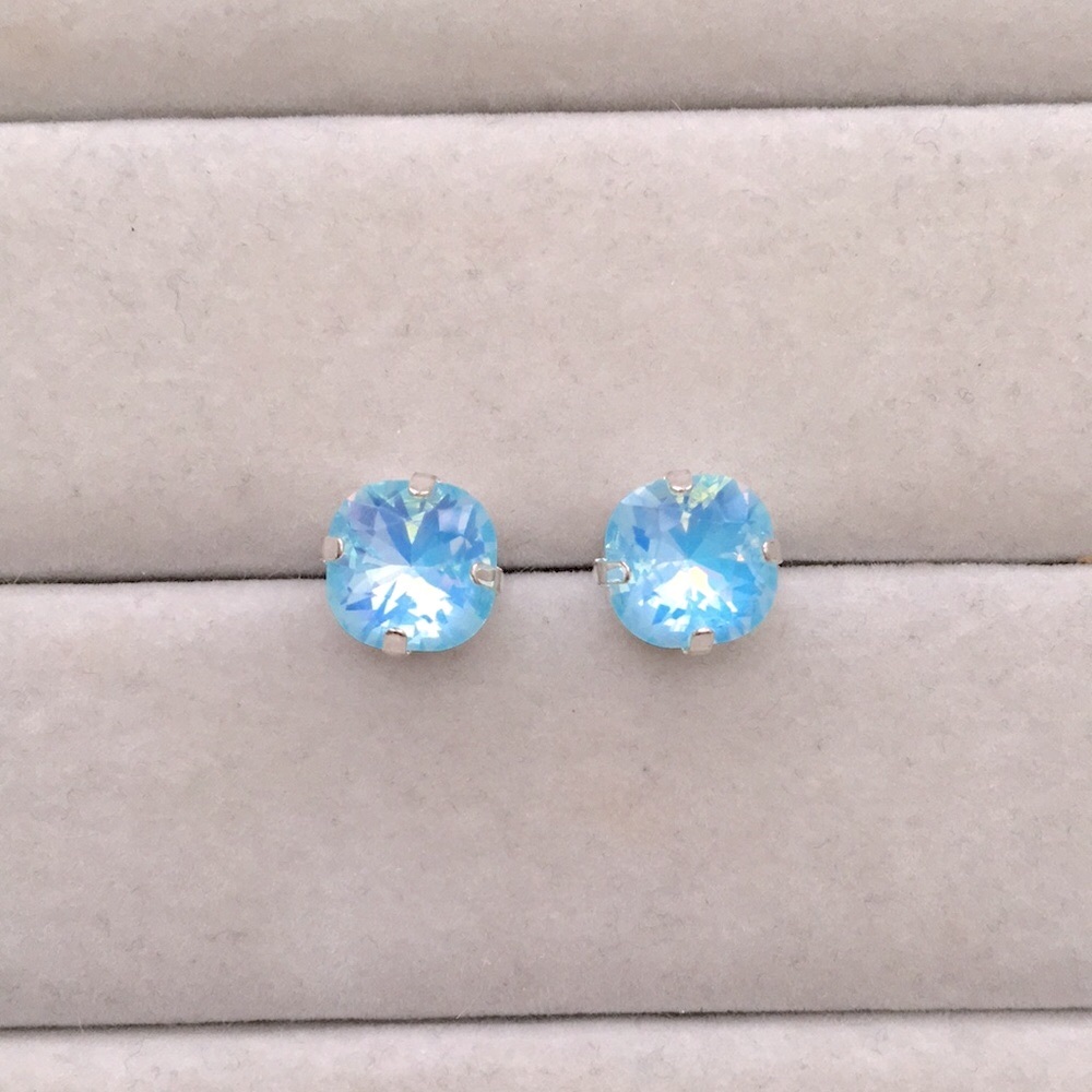 Aquamarine Opal Aurora Borealis + Silver Cushion Cut Crystal Earrings